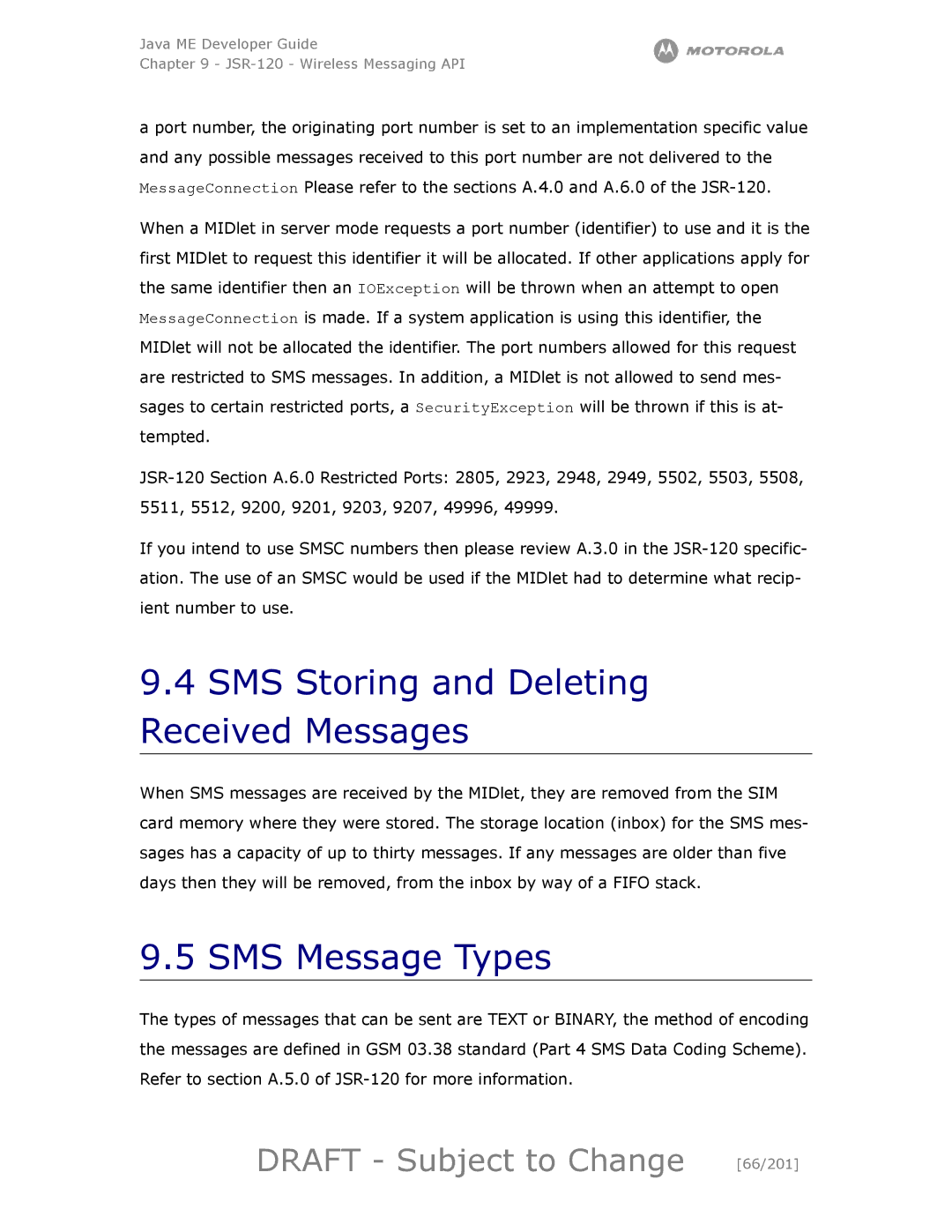 Motorola maxx V6 manual SMS Storing and Deleting Received Messages, SMS Message Types, Draft Subject to Change 66/201 