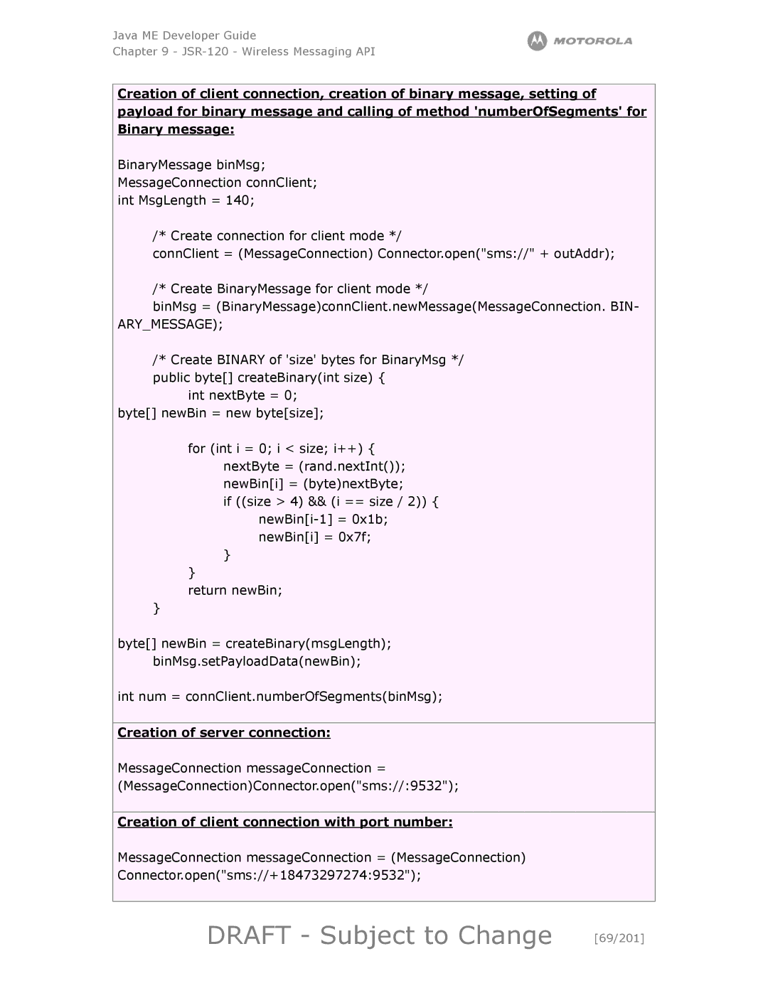 Motorola maxx V6 manual Draft Subject to Change 69/201, Creation of server connection 