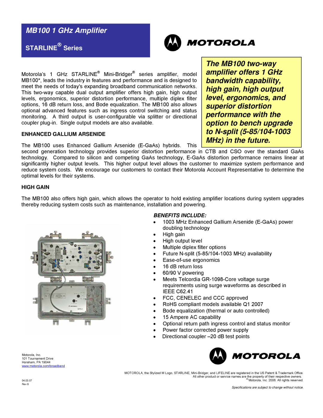 Motorola MB100 specifications STARLINE→ Series, Enhanced Gallium Arsenide, High Gain 