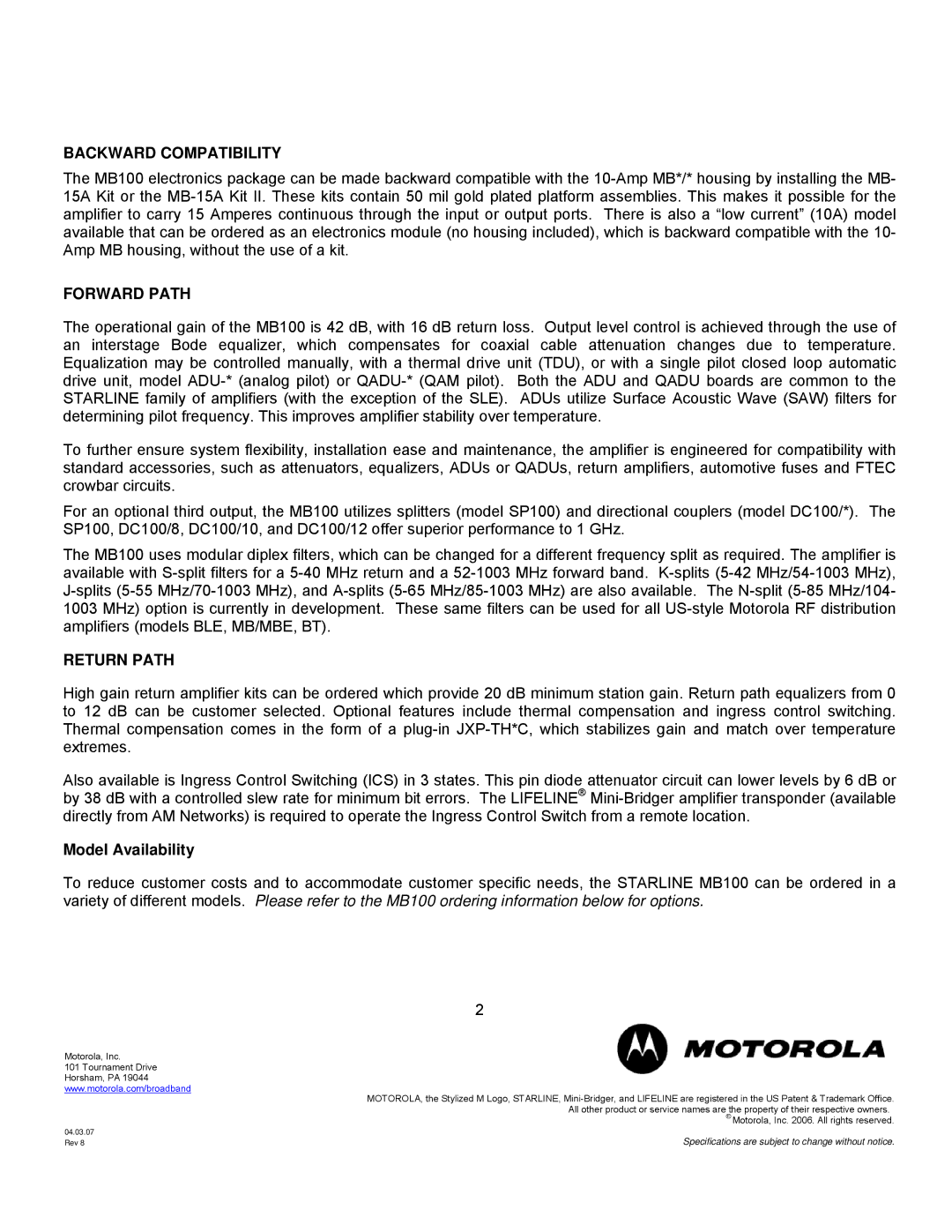 Motorola MB100 specifications Backward Compatibility, Forward Path, Return Path, Model Availability 