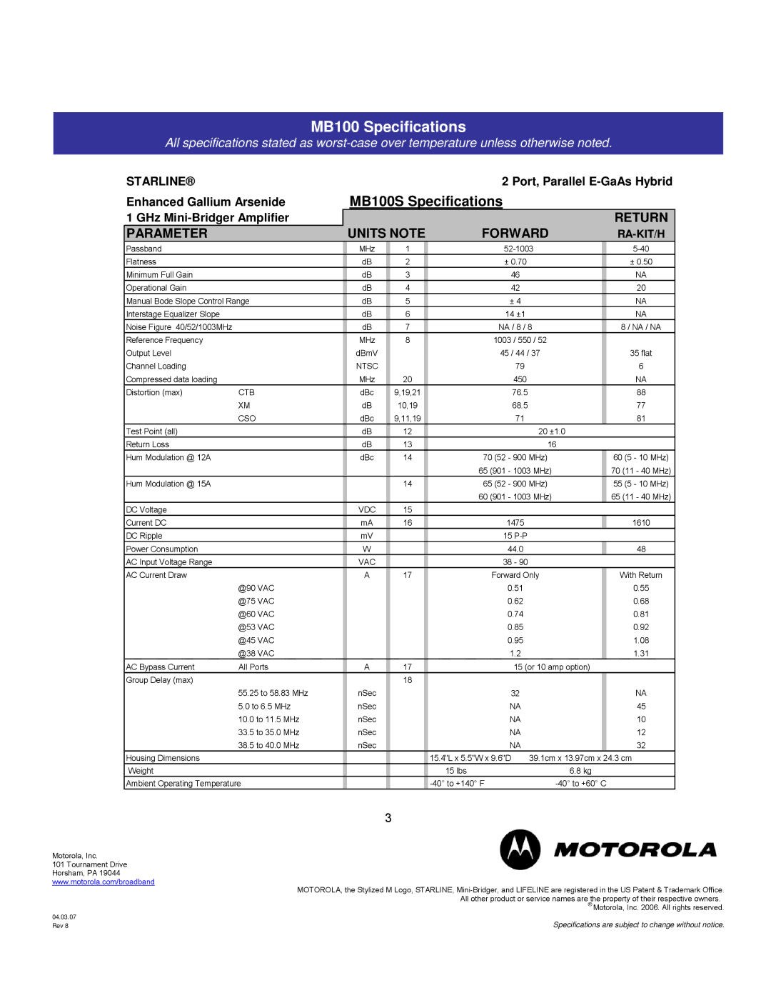 Motorola specifications MB100 Specifications, Starline, Forward 