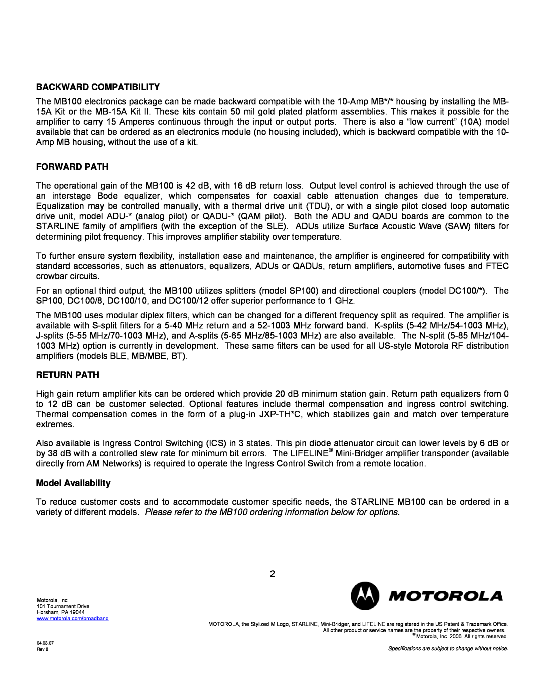 Motorola MB100 specifications Backward Compatibility, Forward Path, Return Path, Model Availability 