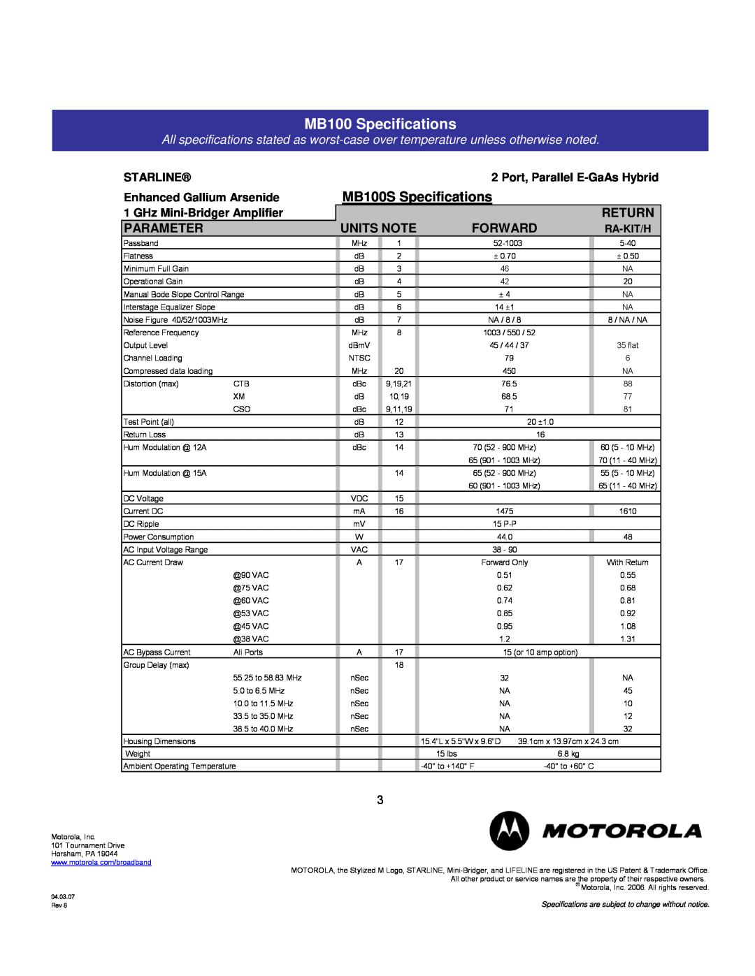 Motorola MB100 Specifications, Starline, Port, Parallel E-GaAsHybrid, Enhanced Gallium Arsenide, Forward, Units Note 