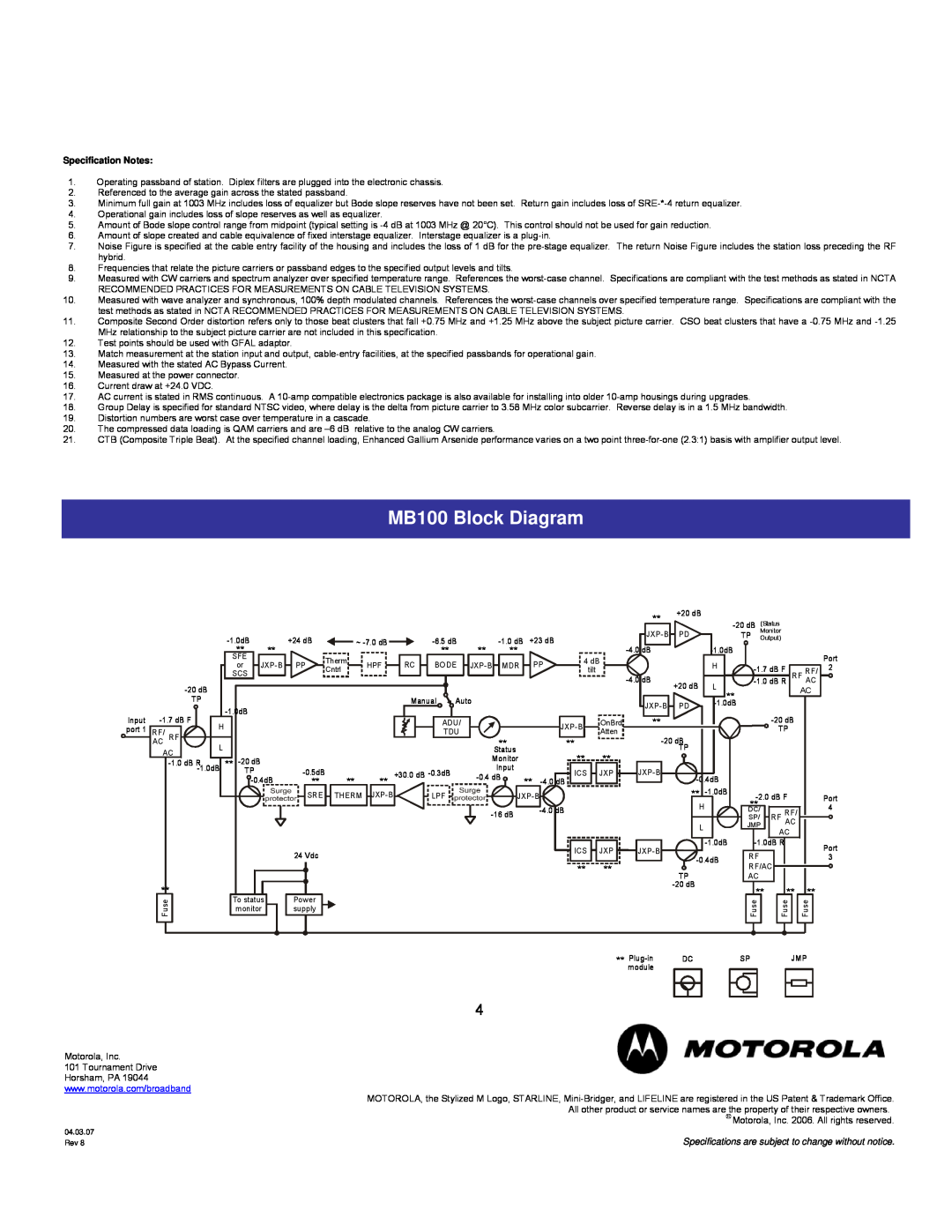 Motorola specifications MB100 Block Diagram, Specification Notes 
