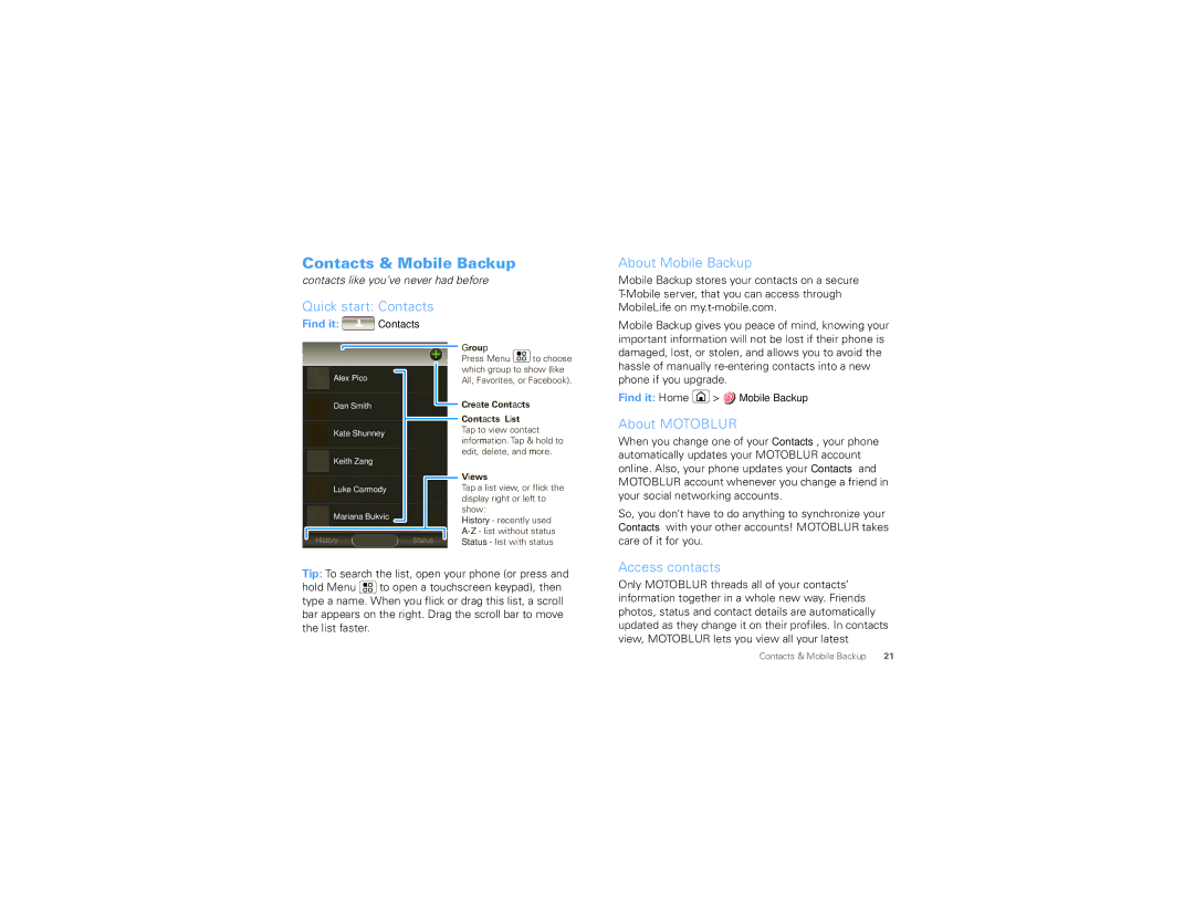 Motorola MB200 manual Contacts & Mobile Backup, About Mobile Backup, Quick start Contacts, About Motoblur, Access contacts 