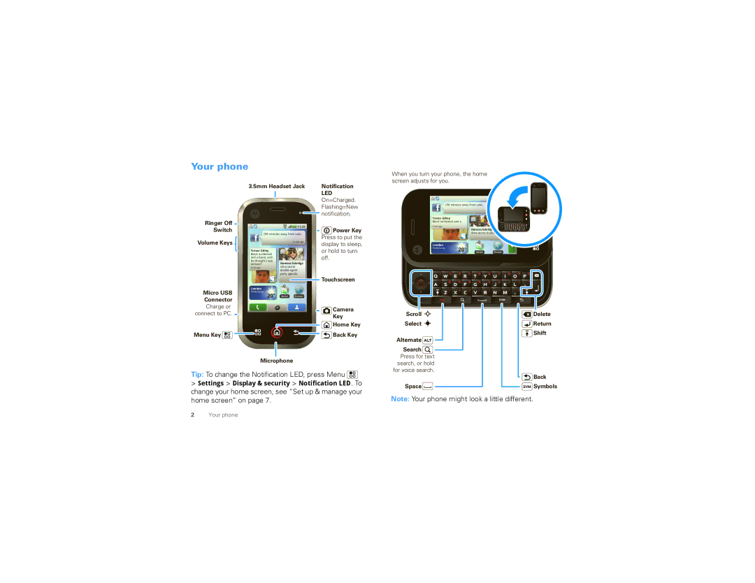 Motorola MB200 manual Your phone, Tip To change the Notification LED, press Menu 