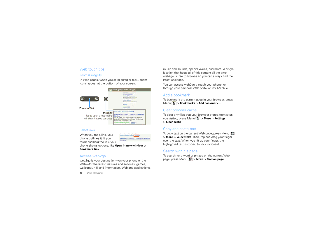 Motorola MB200 Web touch tips, Add a bookmark, Clear browser cache, Access web2go, Copy and paste text, Search within a 