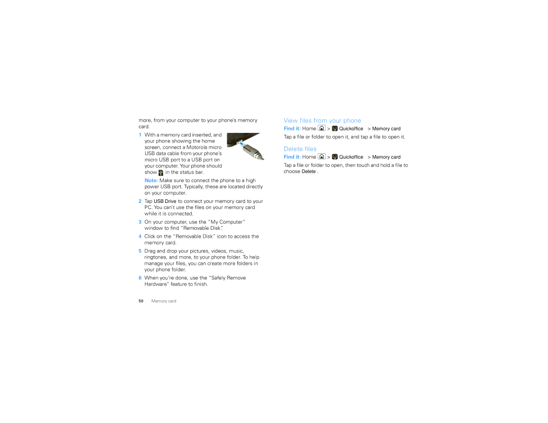 Motorola MB200 manual View files from your phone, Delete files, More, from your computer to your phone’s memory card 