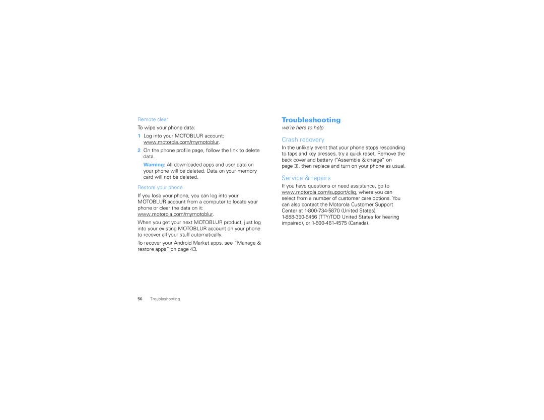 Motorola MB200 manual Troubleshooting, Crash recovery, Service & repairs, Remote clear, Restore your phone 