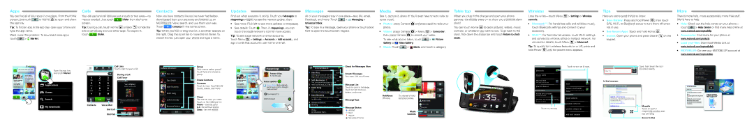 Motorola MB300 manual Apps, Calls, Contacts, Updates, Messages, Media, Table top, Wireless, Tips, More 
