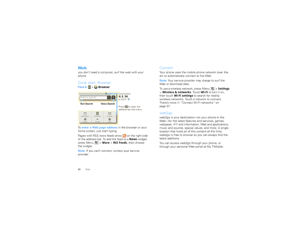 Motorola MB502, 68000202552-B manual Quick start Browser, Connect, Web2go, Widget 