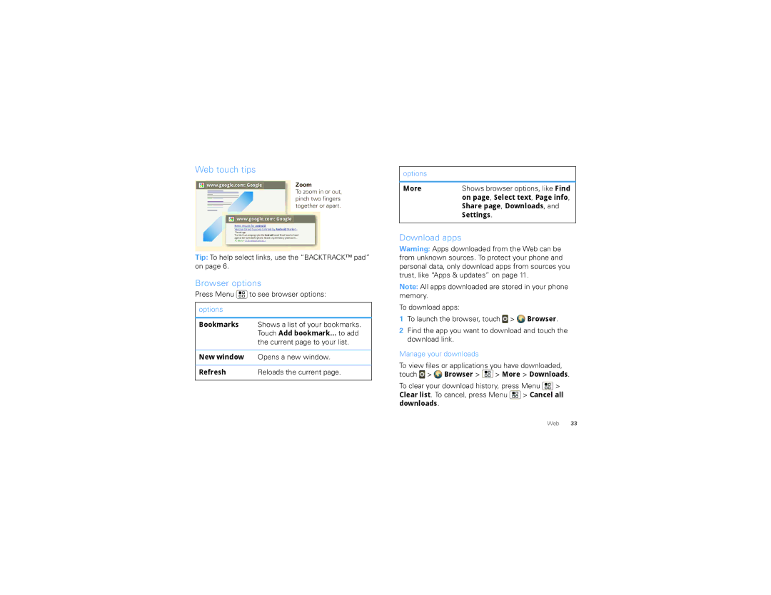 Motorola 68000202552-B, MB502 manual Web touch tips, Browser options, Download apps 