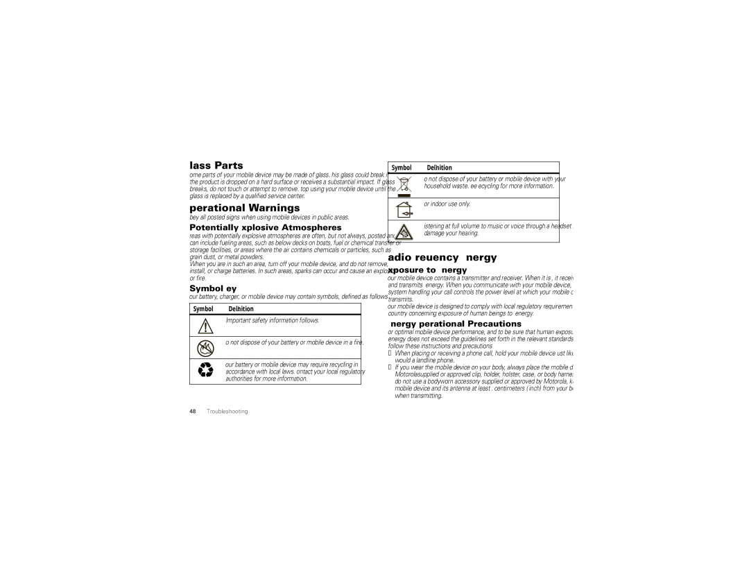 Motorola MB502, 68000202552-B manual Glass Parts, Operational Warnings, Radio Frequency RF Energy 