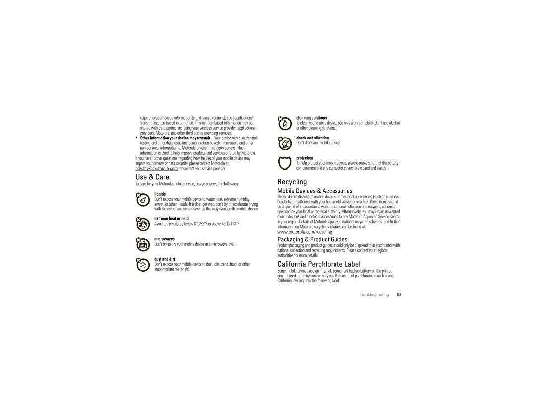 Motorola 68000202552-B, MB502 manual Use & Care, Recycling, California Perchlorate Label, Mobile Devices & Accessories 