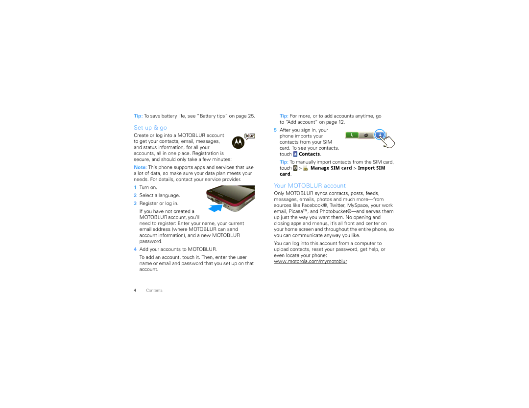 Motorola MB502, 68000202552-B manual Set up & go, Your Motoblur account, Tip To save battery life, see Battery tips on 