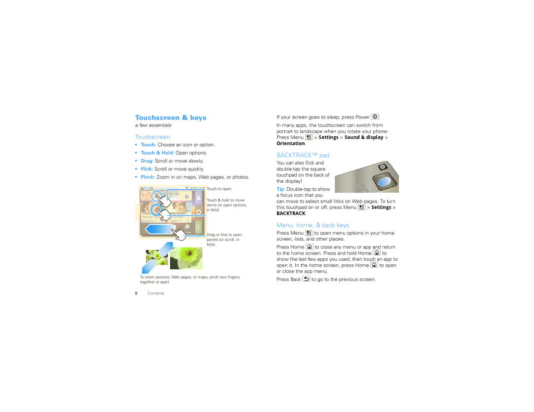 Motorola MB502, 68000202552-B manual Touchscreen & keys, Backtrack pad, Menu, home, & back keys, Touch & Hold Open options 