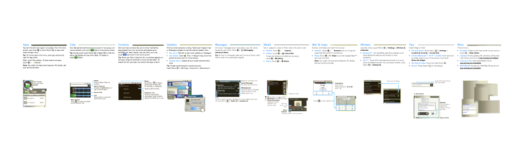 Motorola MB511, 68000202949-A Apps, Calls, Contacts, Updates, Messages, Media, Web & maps, Wireless, Tips, More 