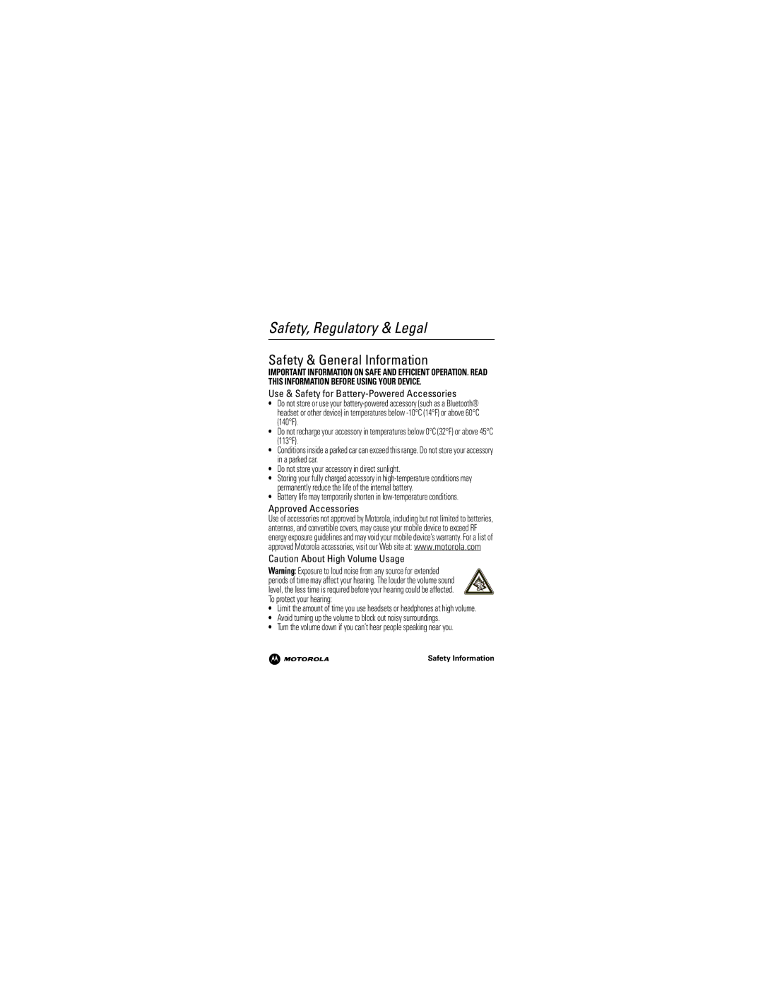 Motorola MB520 manual Safety & General Information, Use & Safety for Battery-Powered Accessories, Approved Accessories 