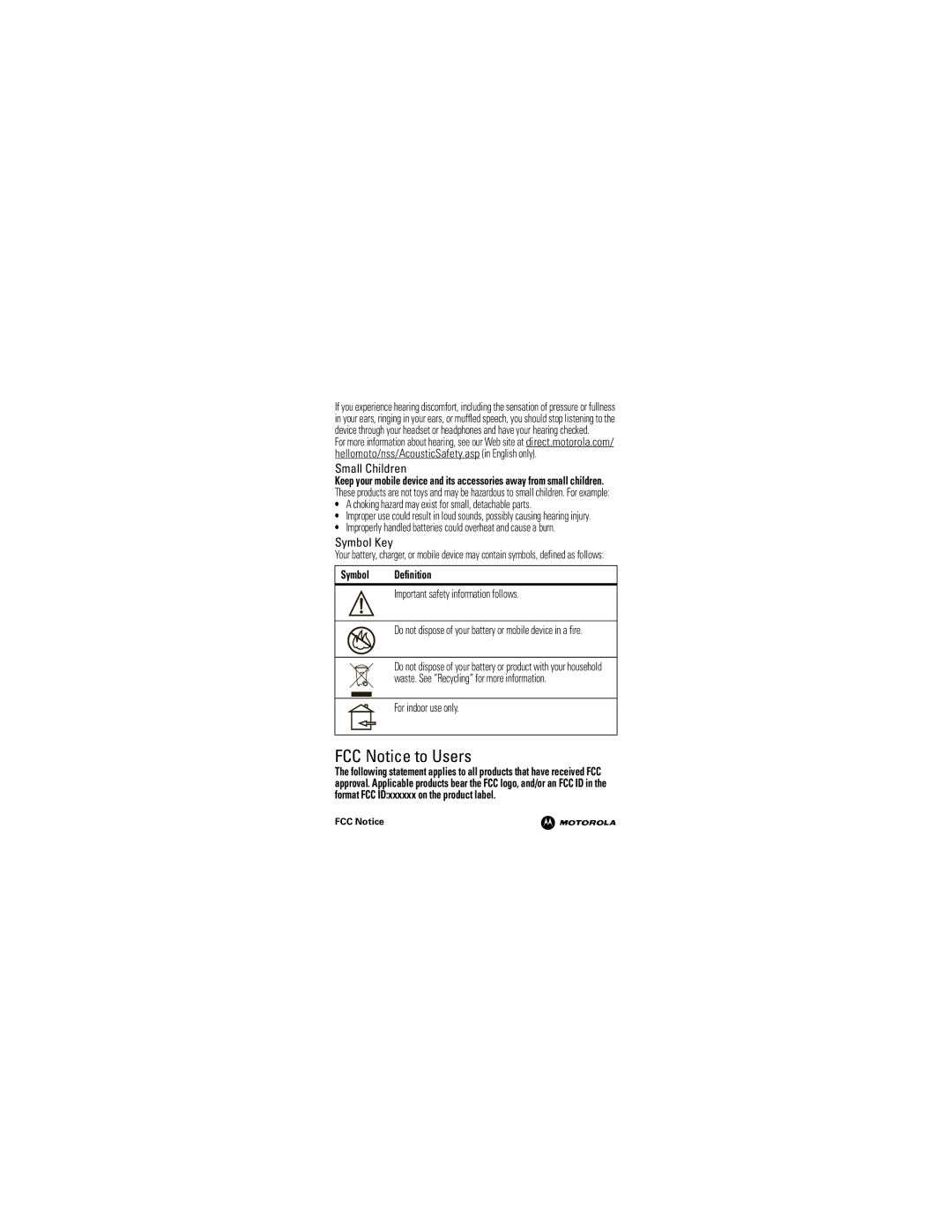 Motorola MB520 manual FCC Notice to Users, Small Children, Symbol Key, Symbol Definition, For indoor use only 