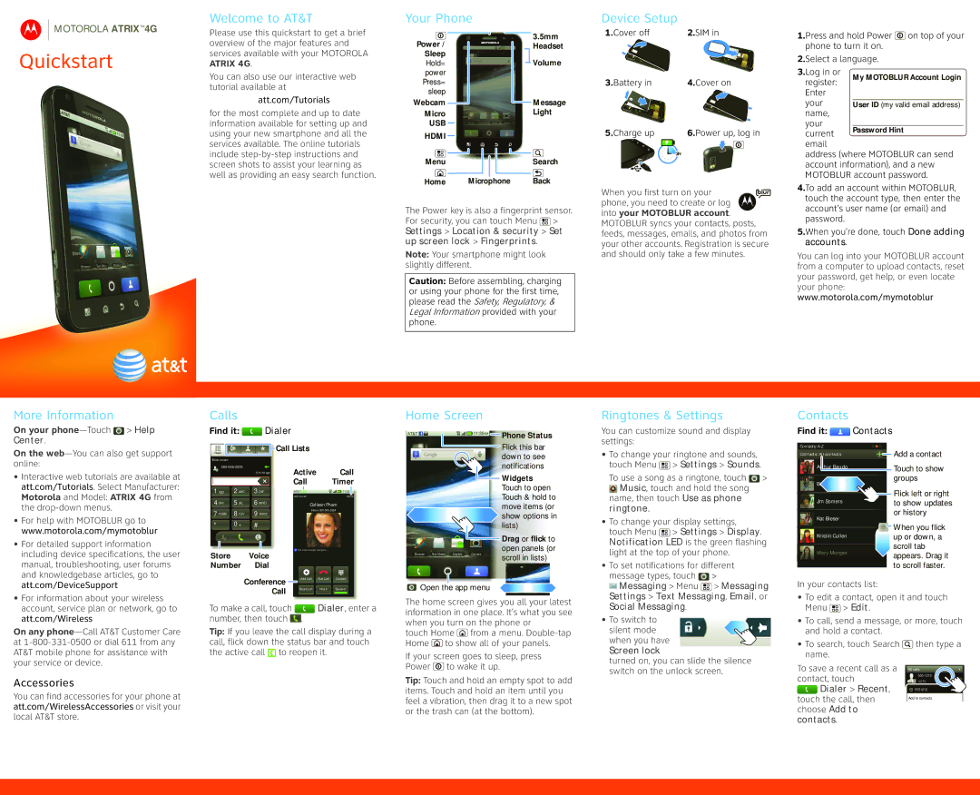 Motorola MB860 quick start Welcome to AT&T, Your Phone, Device Setup, More Information, Calls, Home Screen, Contacts 