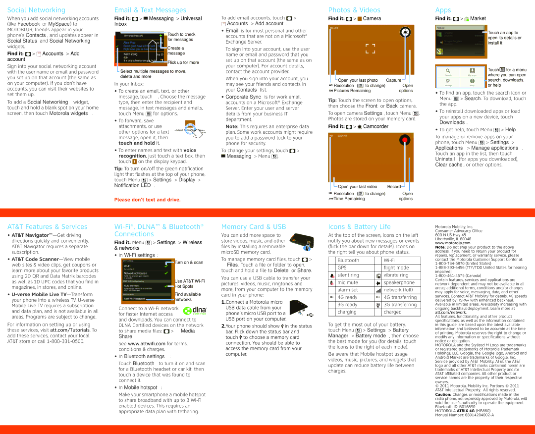 Motorola MB860 quick start Social Networking, Email & Text Messages, Photos & Videos, Apps, AT&T Features & Services 