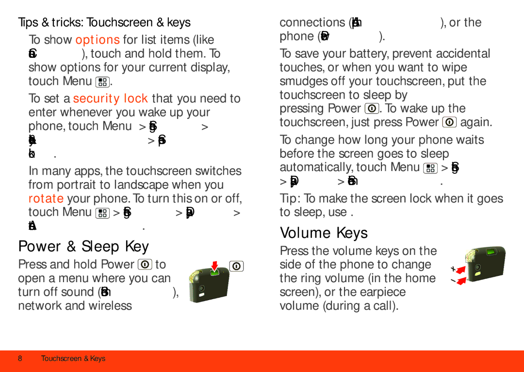 Motorola MB860 manual Power & Sleep Key, Volume Keys, Location & security Set up screen lock, Display Screen timeout 