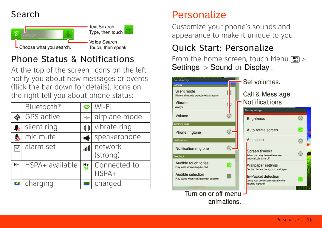 Motorola MB860 manual Search, Phone Status & Notifications, Quick Start Personalize, Charging Charged 