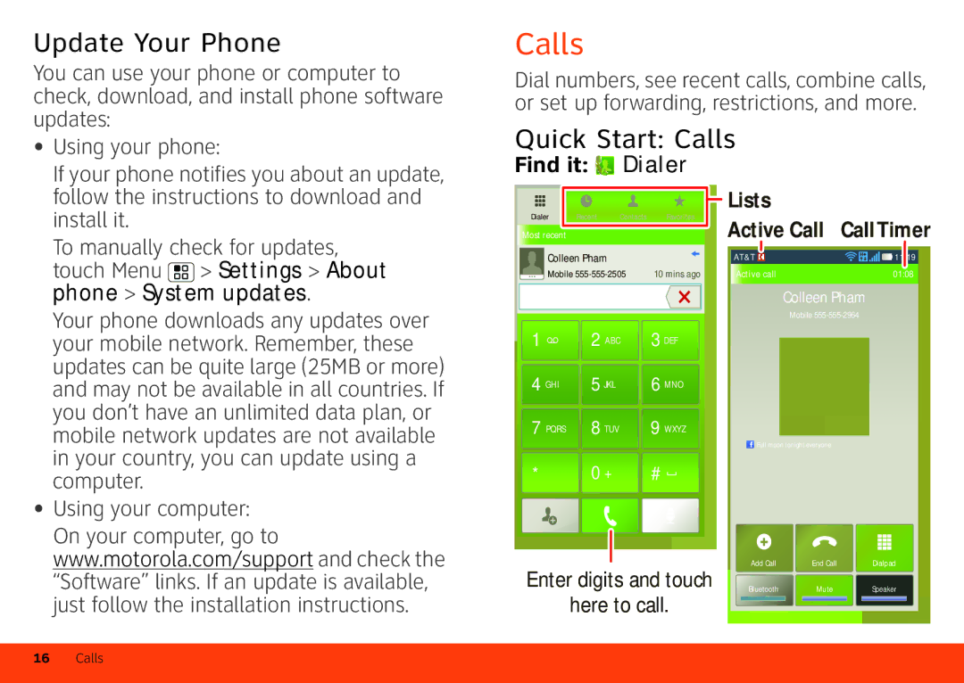 Motorola MB860 manual Update Your Phone, Quick Start Calls, Find it Dialer 