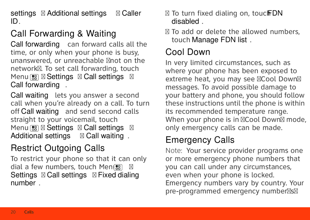 Motorola MB860 manual Call Forwarding & Waiting, Restrict Outgoing Calls, Cool Down, Emergency Calls 