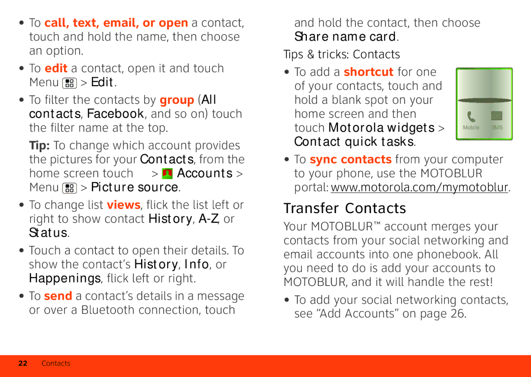 Motorola MB860 manual Transfer Contacts, Status, Hold the contact, then choose Share name card 