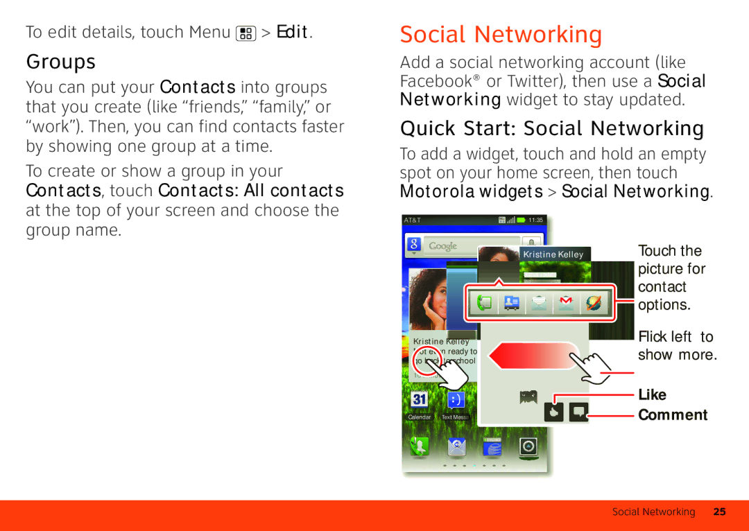 Motorola MB860 manual Groups, Quick Start Social Networking, To edit details, touch Menu Edit 