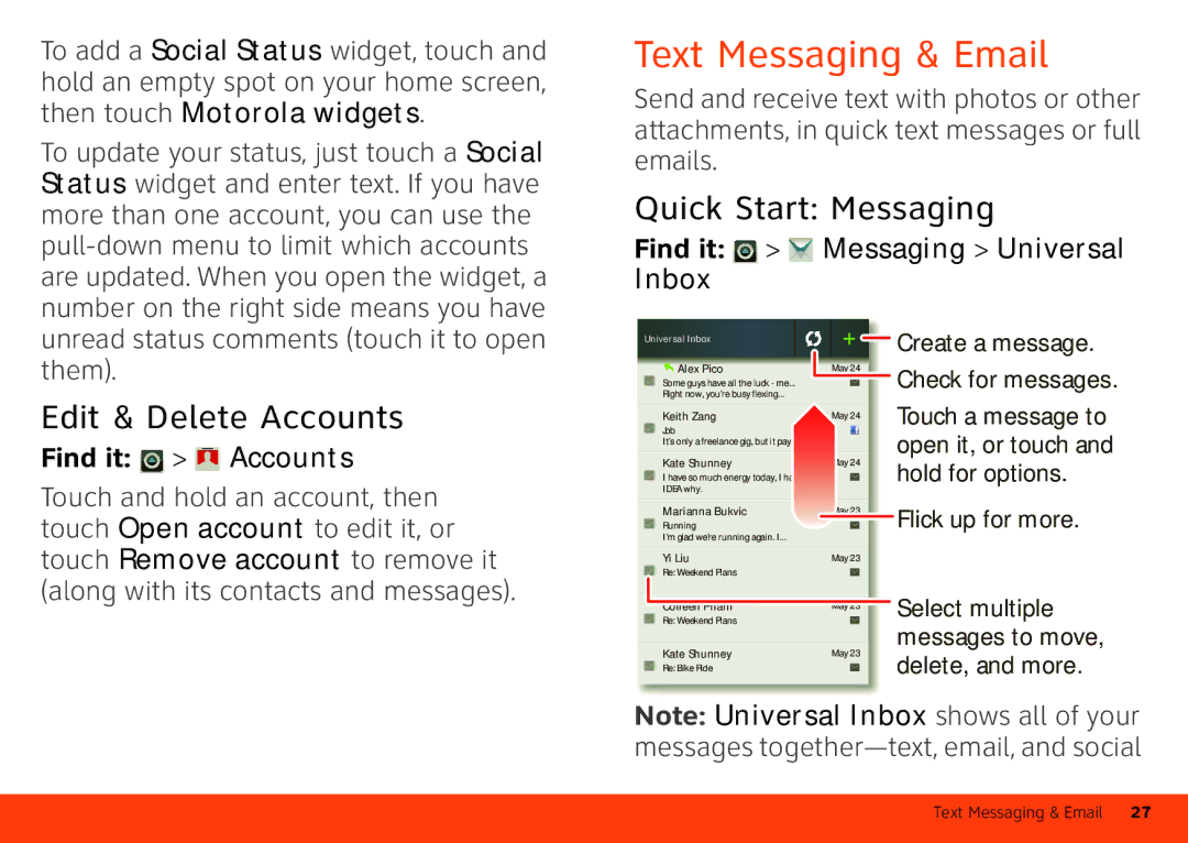 Motorola MB860 manual Text Messaging & Email, Edit & Delete Accounts, Quick Start Messaging, Find it Accounts 