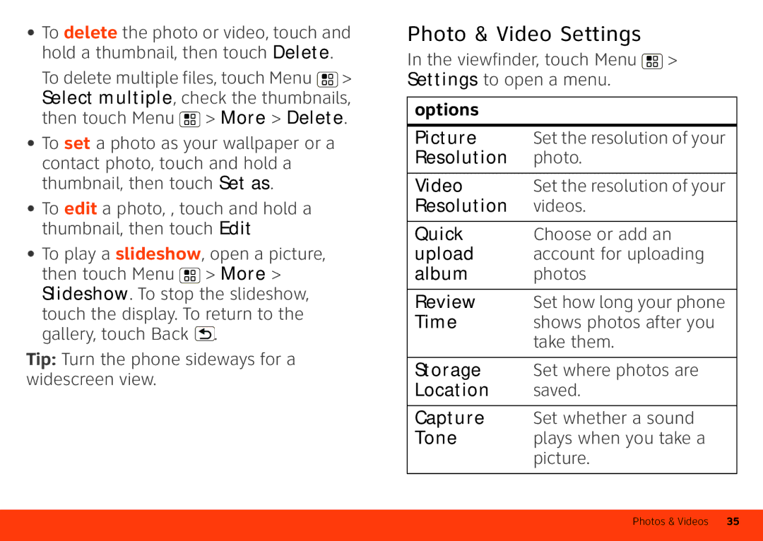 Motorola MB860 manual Photo & Video Settings, Options 