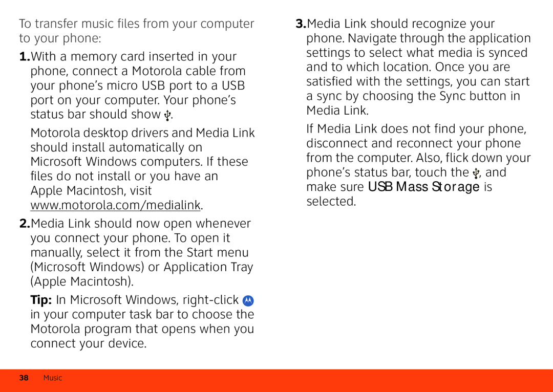 Motorola MB860 manual To transfer music files from your computer to your phone 