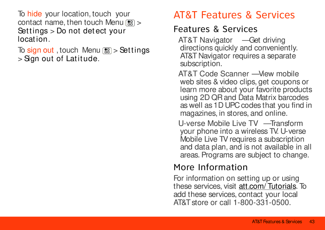 Motorola MB860 AT&T Features & Services, More Information, Settings Do not detect your location, Sign out of Latitude 