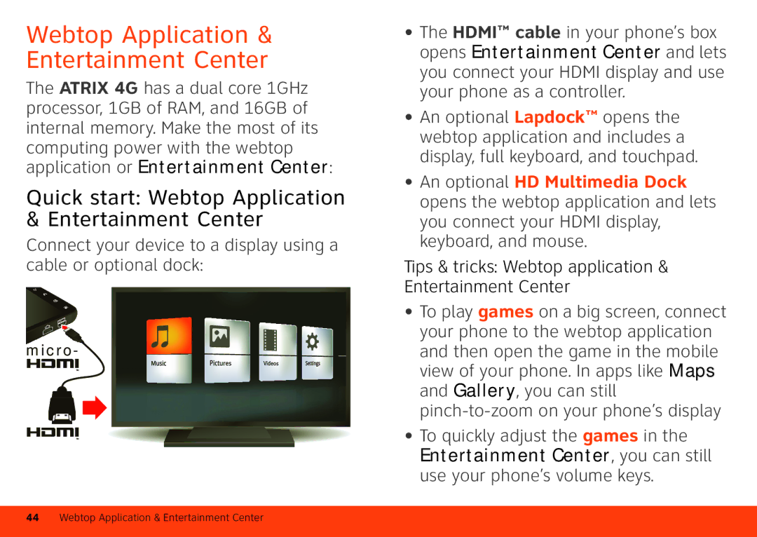 Motorola MB860 manual Quick start Webtop Application & Entertainment Center 
