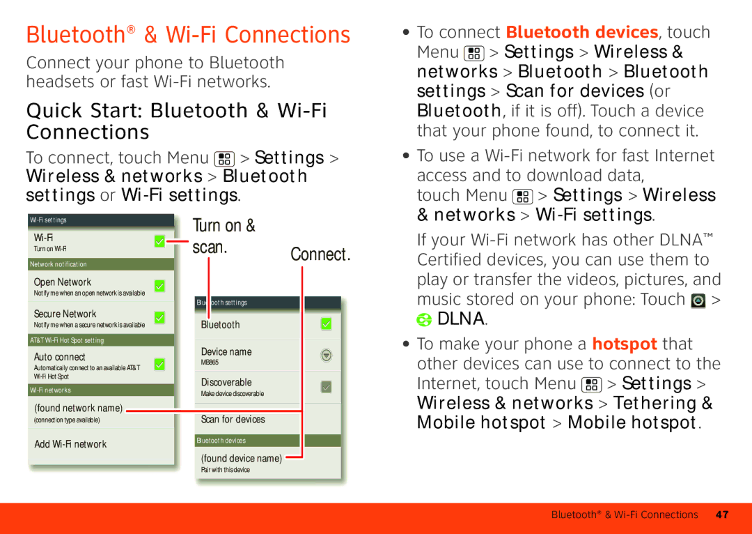 Motorola MB860 manual Quick Start Bluetooth & Wi-Fi Connections, Touch Menu Settings Wireless & networks Wi-Fi settings 