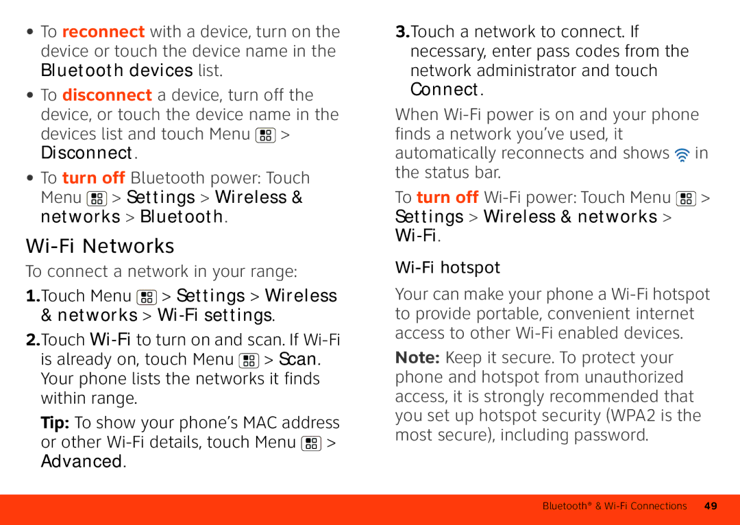 Motorola MB860 manual Wi-Fi Networks, Bluetooth devices list, Disconnect, To connect a network in your range 