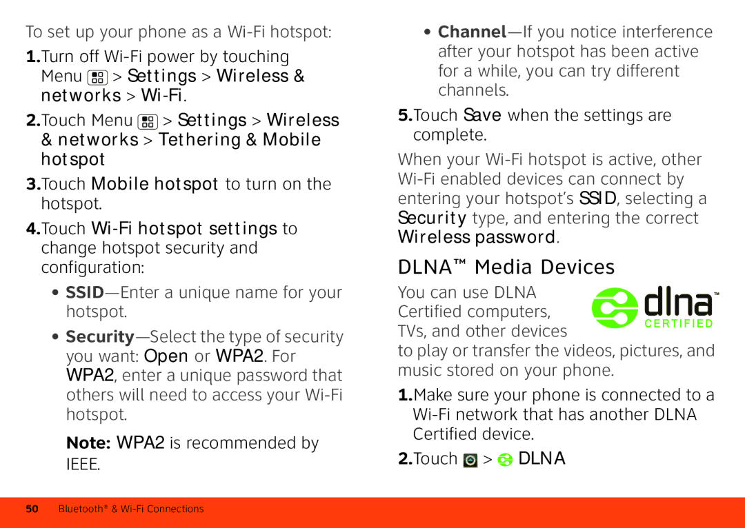Motorola MB860 manual Dlna Media Devices, To set up your phone as a Wi-Fi hotspot 