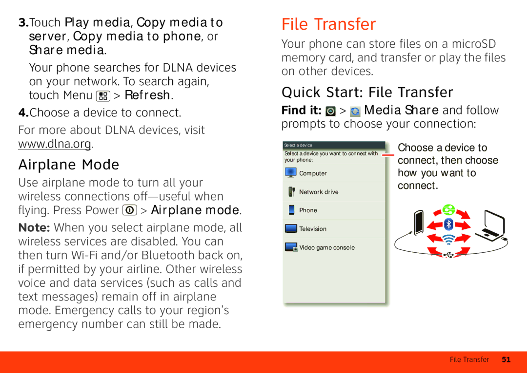 Motorola MB860 manual Quick Start File Transfer, Airplane Mode, Use airplane mode to turn all your 