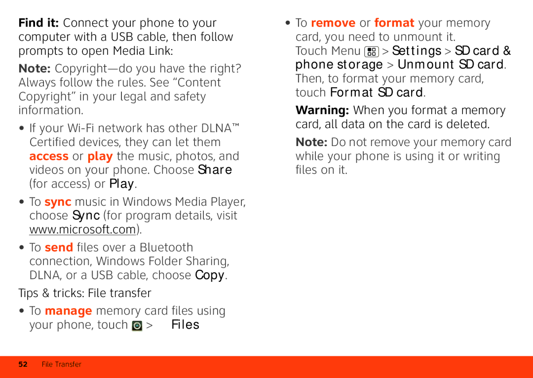 Motorola MB860 manual To remove or format your memory Card, you need to unmount it 