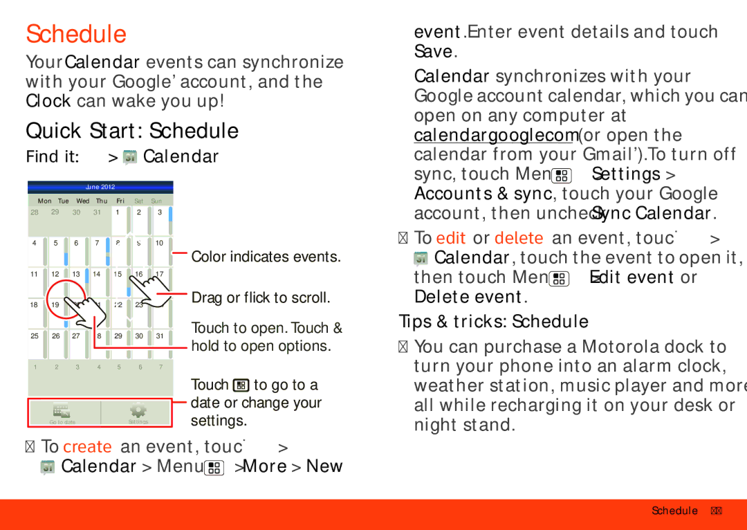 Motorola MB860 manual Quick Start Schedule, Find it Calendar, Delete event, Calendar Menu More New 