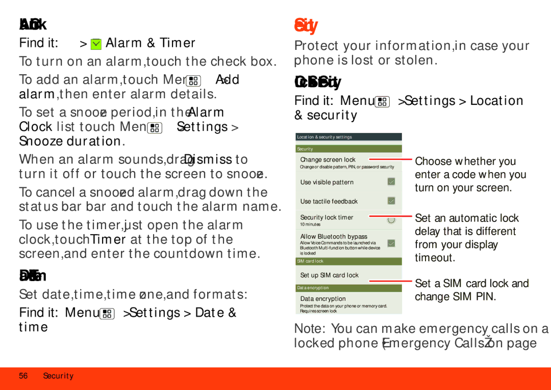 Motorola MB860 manual Alarm Clock, Quick Start Security, Date & Time 