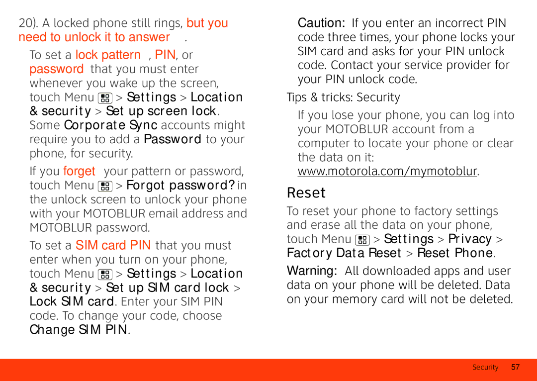 Motorola MB860 manual Reset, Security Set up SIM card lock, Change SIM PIN 