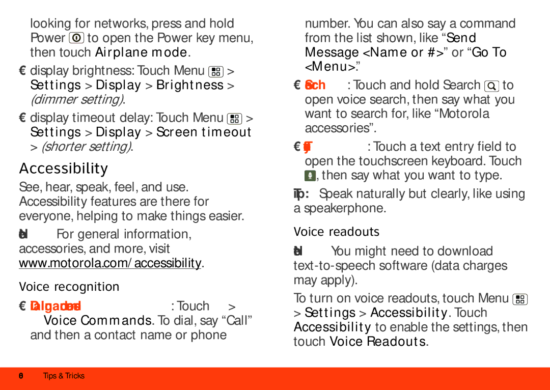 Motorola MB860 manual Accessibility, Settings Display Brightness dimmer setting, Settings Display Screen timeout 