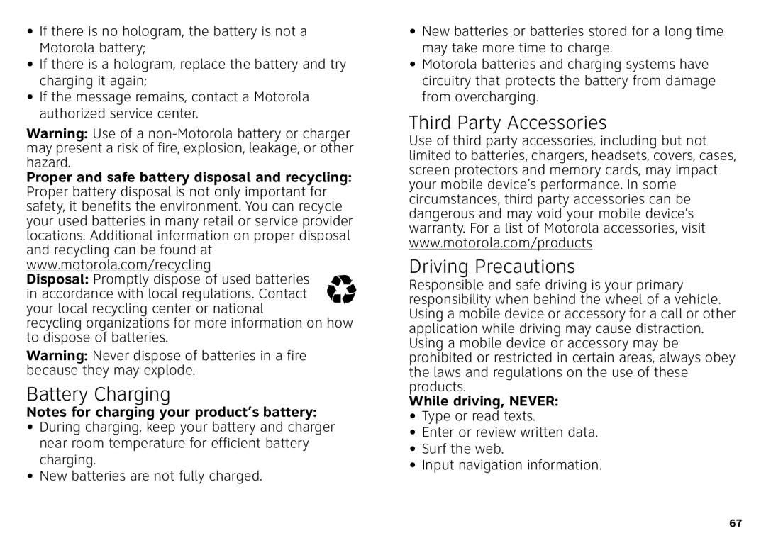 Motorola MB860 manual Battery Charging, Third Party Accessories Driving Precautions 