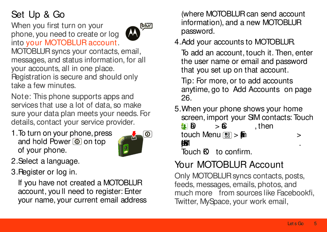 Motorola MB860 manual Set Up & Go, Your Motoblur Account, Dialer Contacts, then 