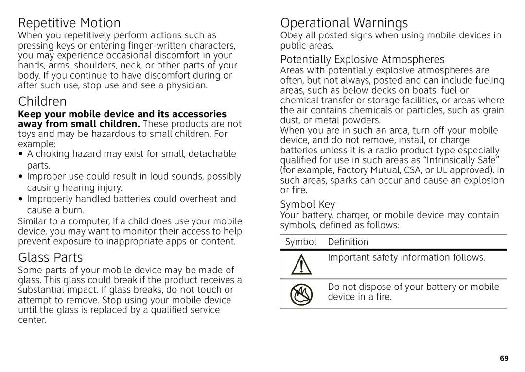 Motorola MB860 manual Repetitive Motion, Children, Glass Parts, Operational Warnings 