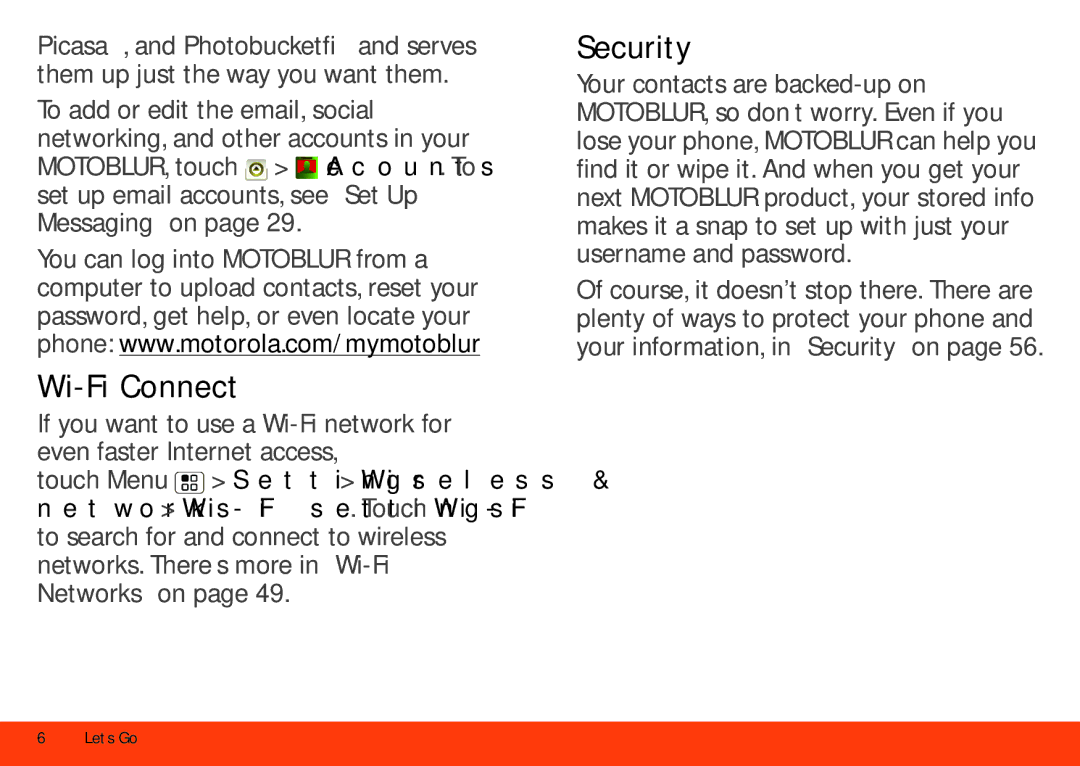 Motorola MB860 Wi-Fi Connect, Security, To add or edit the email, social, Set up email accounts, see Set Up Messaging on 