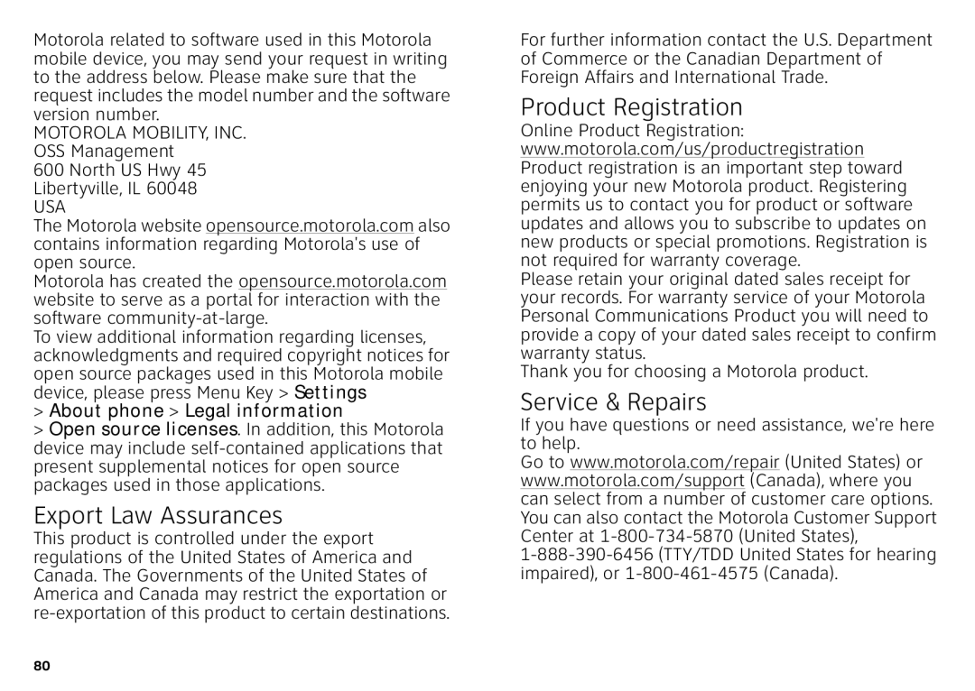 Motorola MB860 manual Export Law Assurances, Product Registration, Service & Repairs 